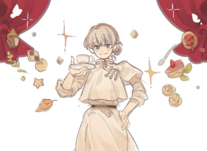 1boy, belt, black_belt, blue_eyes, cake, cake_slice, checkerboard_cookie, chinese_commentary