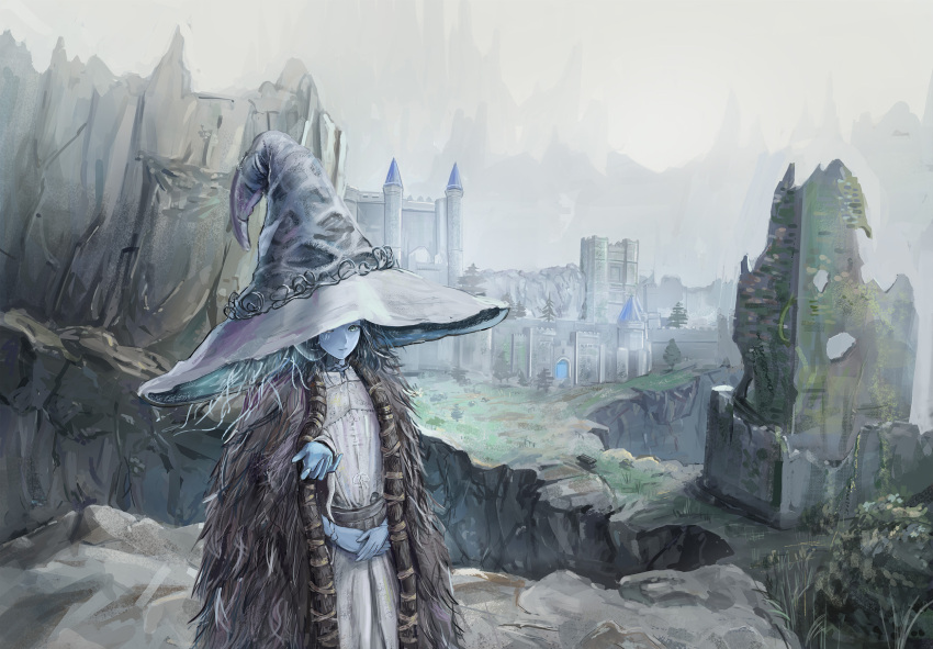 1girl, blue_hair, blue_skin, brown_cloak, castle, cloak, closed_mouth, colored_skin