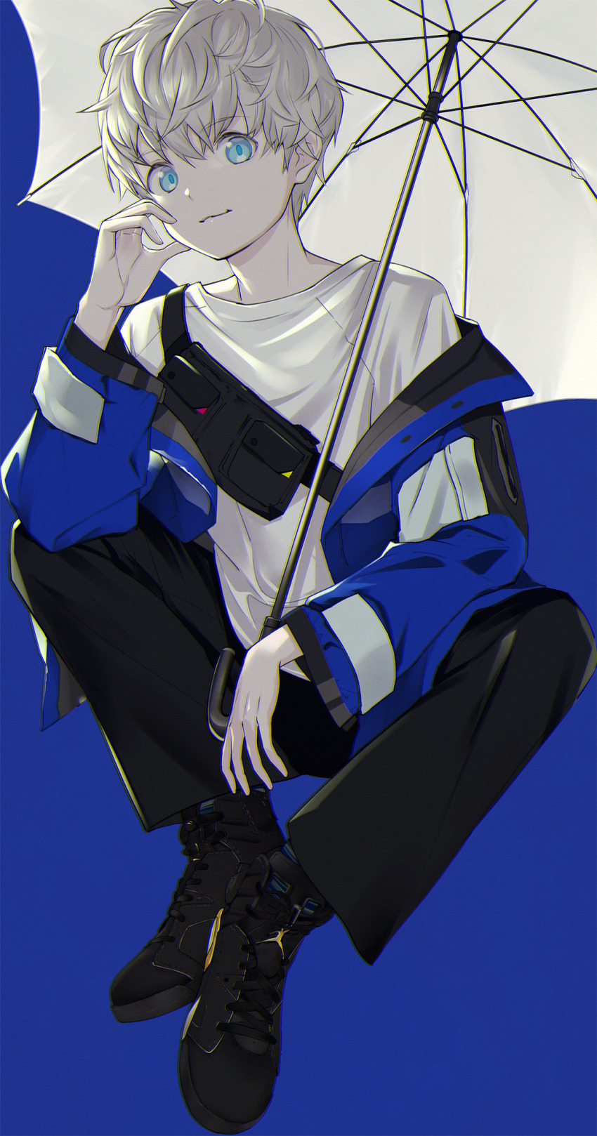 1boy, air_jordan, black_bag, black_pants, black_shoes, blue_background, blue_eyes, blue_jacket