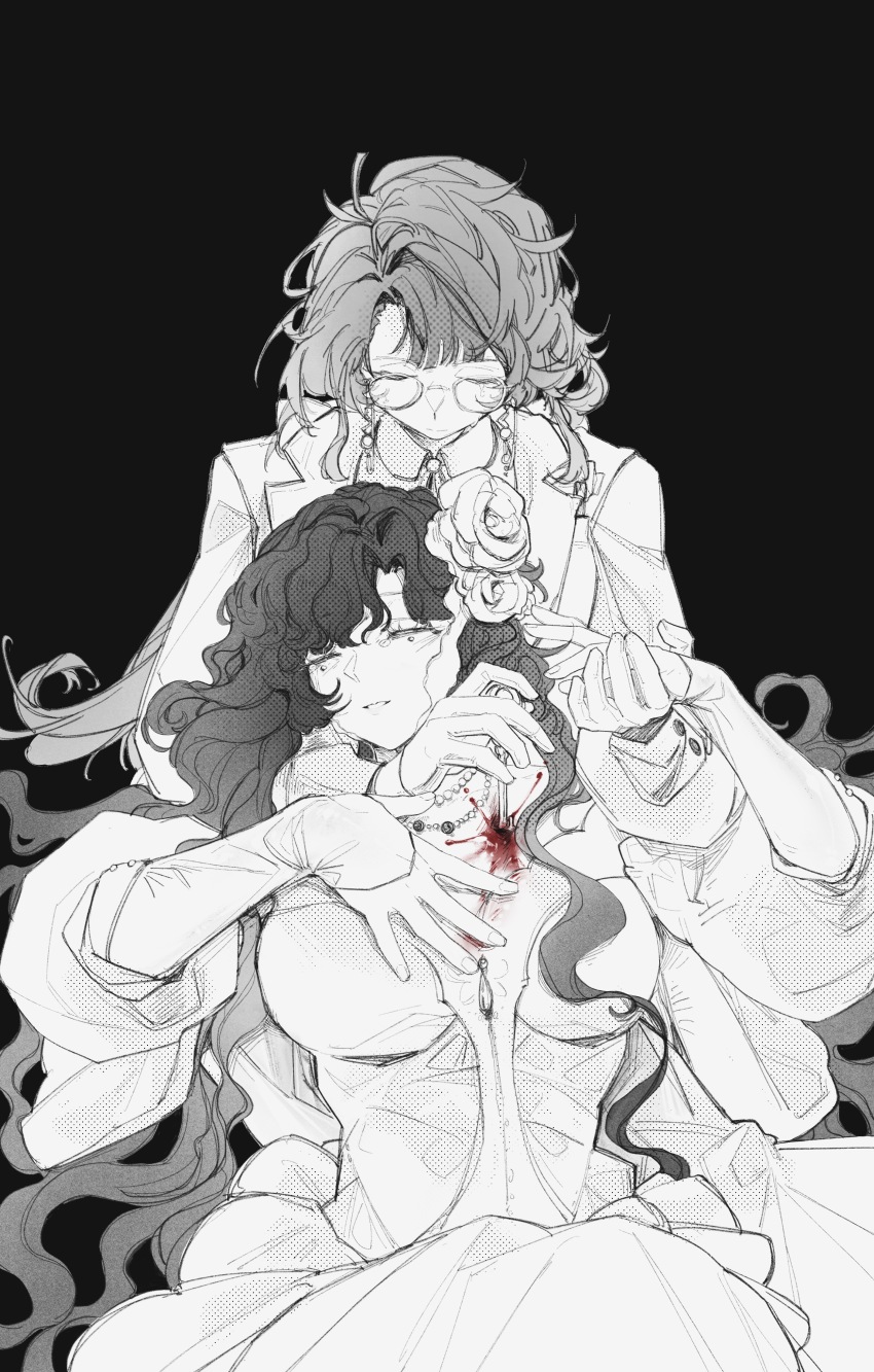 2girls, absurdres, black_background, blood, blood_on_chest, breasts, cherry_(cherryyingmo), closed_eyes