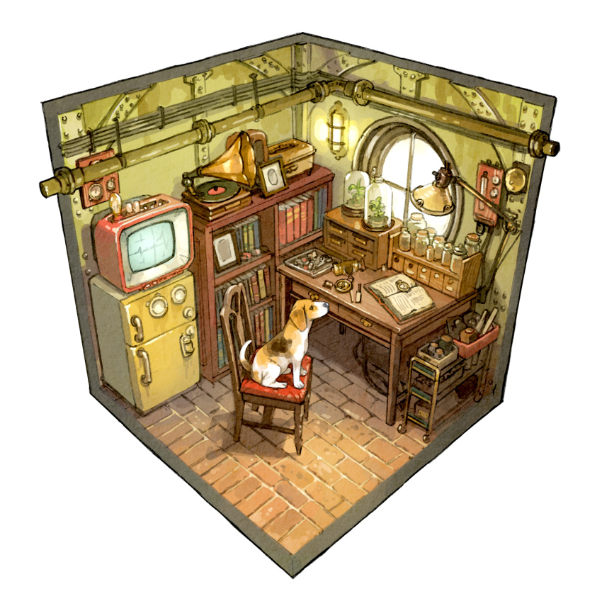 animal_focus, book, bookshelf, border, brick_floor, chair, commentary, crt, diorama, dog, english_commentary, highres, indoors, industrial_pipe, jack_russell_terrier, jar, lamp, no_humans, on_chair, open_book, original, phonograph, picture_frame, plant, potted_plant, refrigerator, simple_background, white_background, wooden_chair, wooden_desk, yoshida_seiji