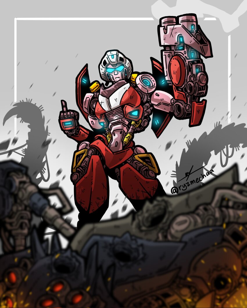 1girl, arcee, assault_visor, bullet_hole, gun, helmet, highres, humanoid_robot
