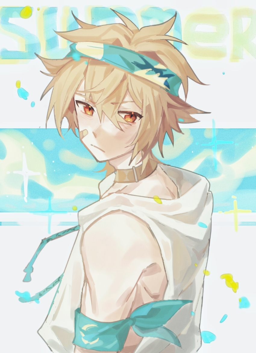 1boy, :/, absurdres, aqua_armband, aqua_headband, armband, bandaid, bandaid_on_cheek