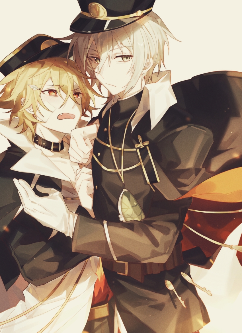 2boys, :/, absurdres, bandage_on_cheek, belt, belt_collar, black_collar, black_hat