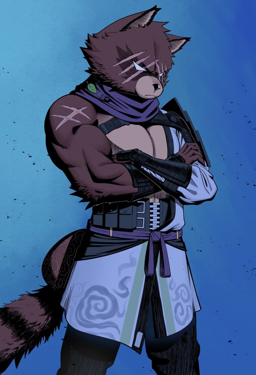 1boy, animal_ears, blue_background, closed_mouth, commentary, cross_scar, crossed_arms, english_commentary