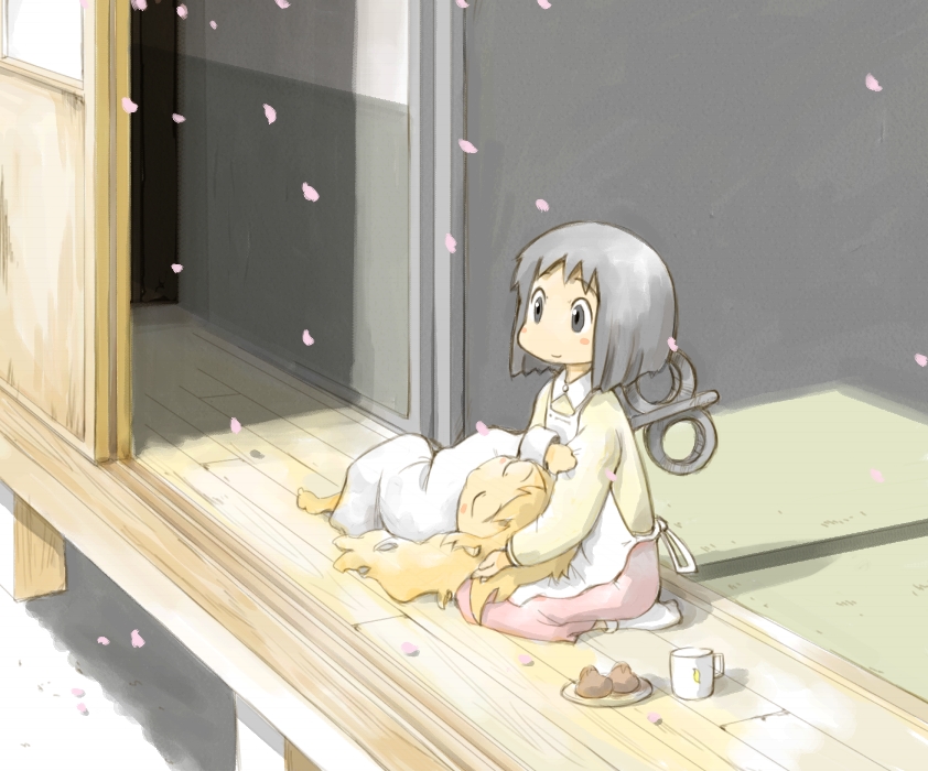 2girls, apron, arm_grab, black_eyes, black_hair, blonde_hair, blush_stickers, child, closed_eyes, cup, food, fusuma, hand_on_another's_head, holding_detached_head, lab_coat, lap_pillow, long_hair, mug, multiple_girls, nichijou, ohyo, orange_hair, petals, porch, professor_shinonome, seiza, shinonome_nano, short_hair, sitting, skirt, sleeping, slice_of_life, sliding_doors, smile, socks, veranda, very_long_hair, white_legwear, winding_key