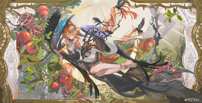 1girl, absurdres, anklet, bare_legs, bare_shoulders, barefoot, bird, bird_wings, black_dress, black_gloves, border, closed_eyes, criss-cross_halter, crow, dress, druvis_iii, druvis_iii_(shrouded_in_thorns), elbow_gloves, feathered_wings, food, fruit, full_body, gloves, halterneck, head_rest, head_wings, highres, in_tree, jewelry, long_dress, long_hair, lying, official_alternate_costume, on_side, orange_hair, ornate_border, plunging_neckline, pomegranate, reverse:1999, side_slit, single_glove, sleeveless, sleeveless_dress, smile, solo, thorns, tree, very_long_hair, watermark, weibo_watermark, wings, z3zz4