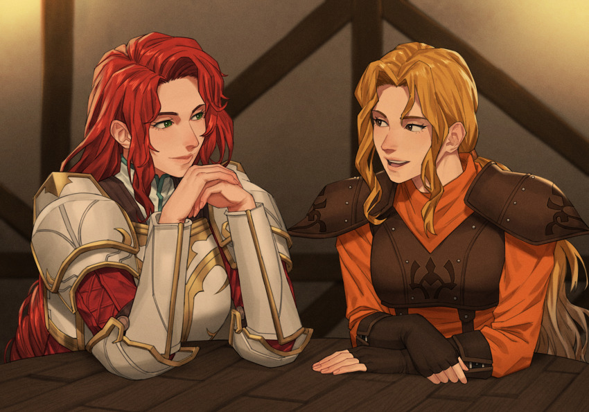 2girls, absurdres, armor, arms_on_table, blonde_hair, breasts, breikka, commission