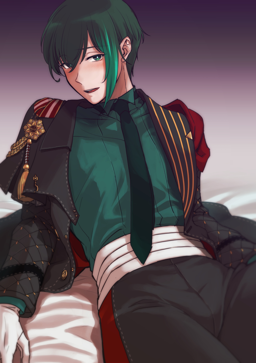 1boy, aqua_eyes, aqua_hair, aqua_necktie, aqua_shirt, barbatos_(obey_me!), bed_sheet, blush