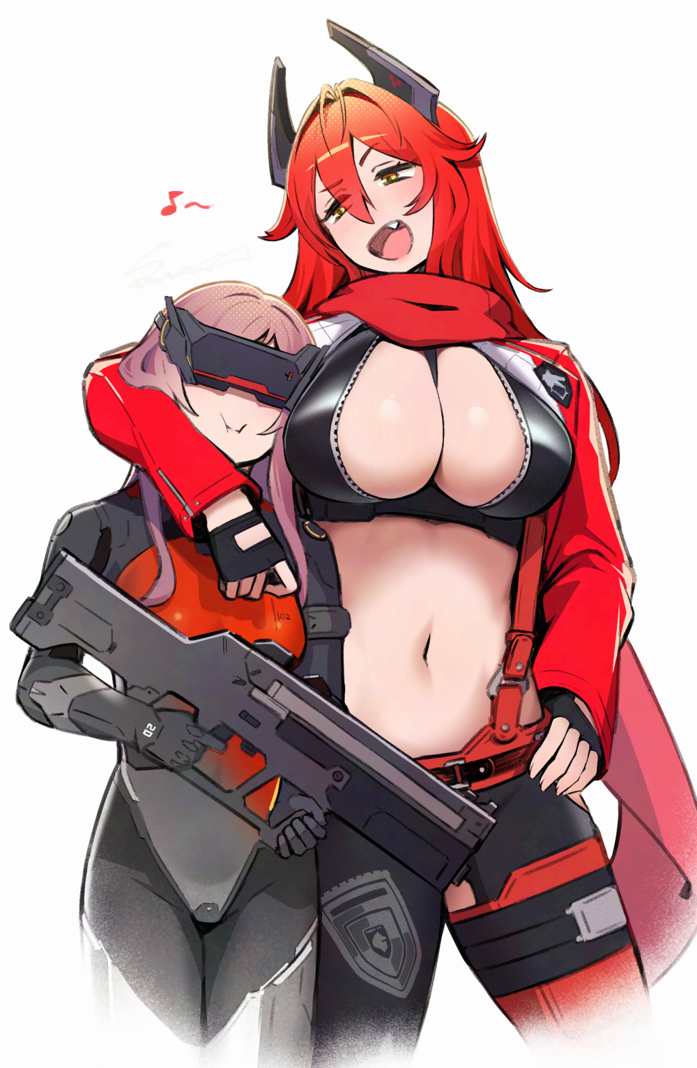 2girls, :i, antenna_hair, between_breasts, black_bodysuit, black_gloves, black_jacket, black_pants