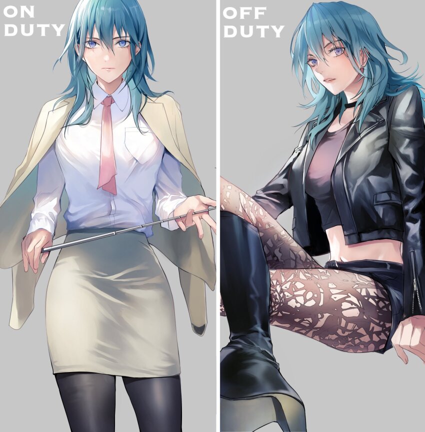 1girl, alternate_costume, black_choker, black_footwear, black_jacket, black_pantyhose, black_shirt, blue_hair