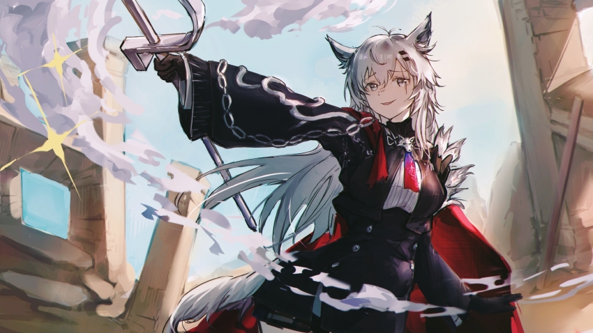 1girl, animal_ears, arknights, arm_up, black_dress, black_gloves, bolo_tie, cape