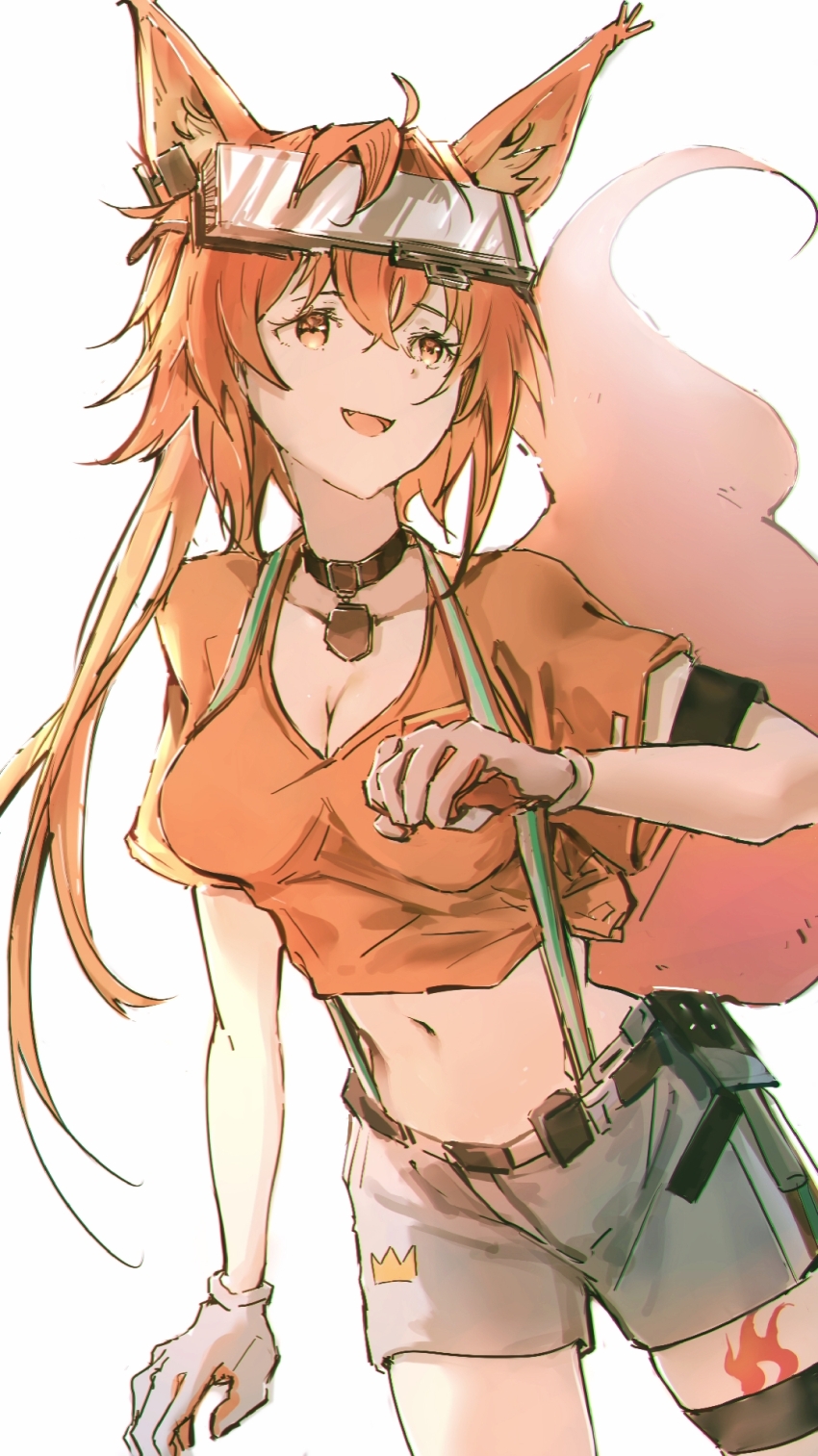 1girl, animal_ears, arknights, black_collar, breasts, chinese_commentary, cleavage, collar, commentary_request, cowboy_shot, crop_top, cropped_shirt, crown_(symbol), flametail_(arknights), flametail_(sport_for_all)_(arknights), gloves, grey_gloves, grey_shorts, hair_between_eyes, highres, jiyi_zhi_xue, long_hair, looking_to_the_side, medium_breasts, midriff, navel, official_alternate_costume, open_mouth, orange_eyes, orange_hair, scoop_neck, short_sleeves, shorts, simple_background, sketch, smile, solo, standing, suspender_shorts, suspenders, tail, white_background