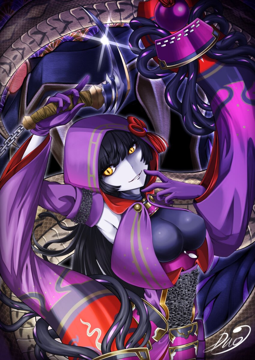 1girl, armpits, arms_up, black_hair, breasts, chain, duel_monster, dyuo