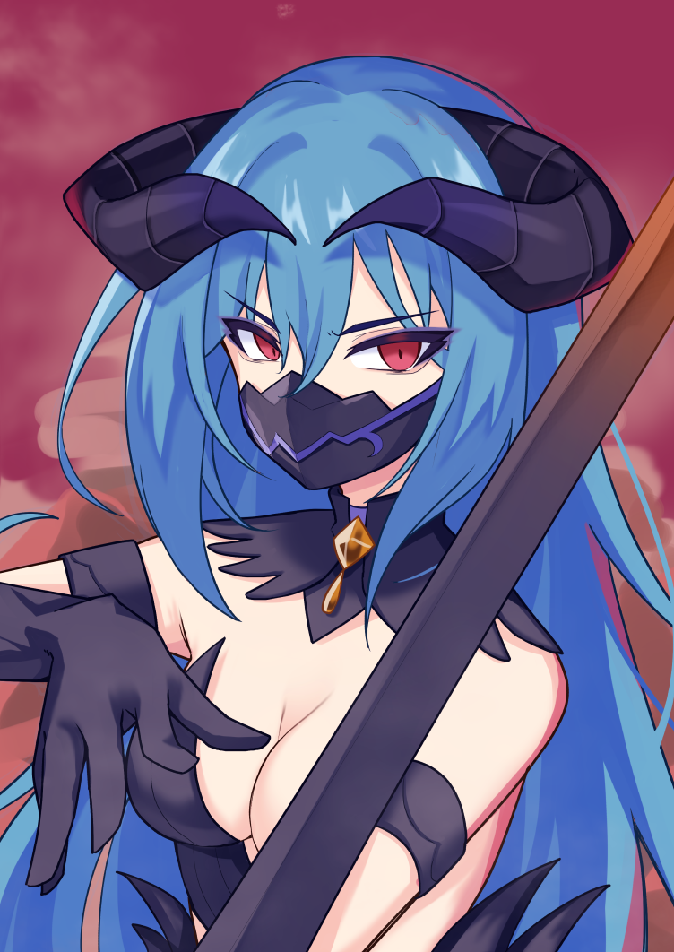 1girl, arm_strap, black_gloves, black_horns, black_mask, blue_hair, breasts, cleavage