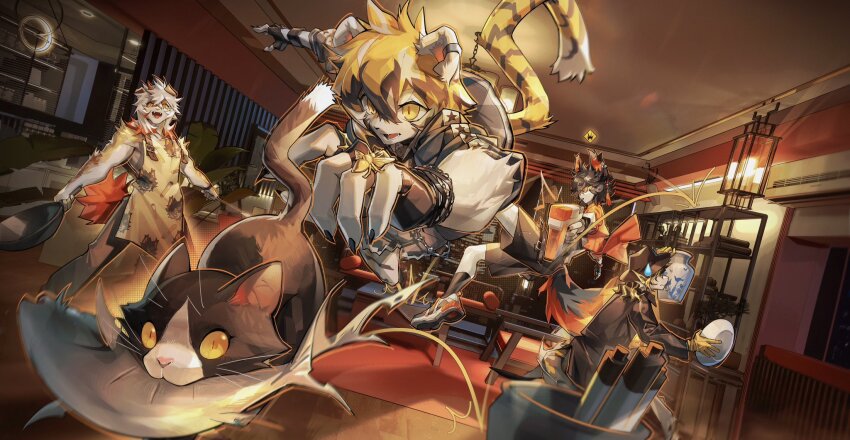 1girl, 3boys, aak_(arknights), animal_ears, apron, arknights, baizelangtai_(hallyswift), black_coat