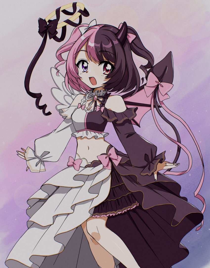 1girl, amaki_pururu, asymmetrical_wings, bat_wings, black_bow, black_hair, blue_eyes, bow