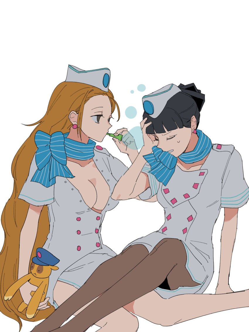 2girls, ace_attorney, ace_attorney_investigations, ace_attorney_investigations:_miles_edgeworth, black_hair, blowing_bubbles, blue_scarf, breasts