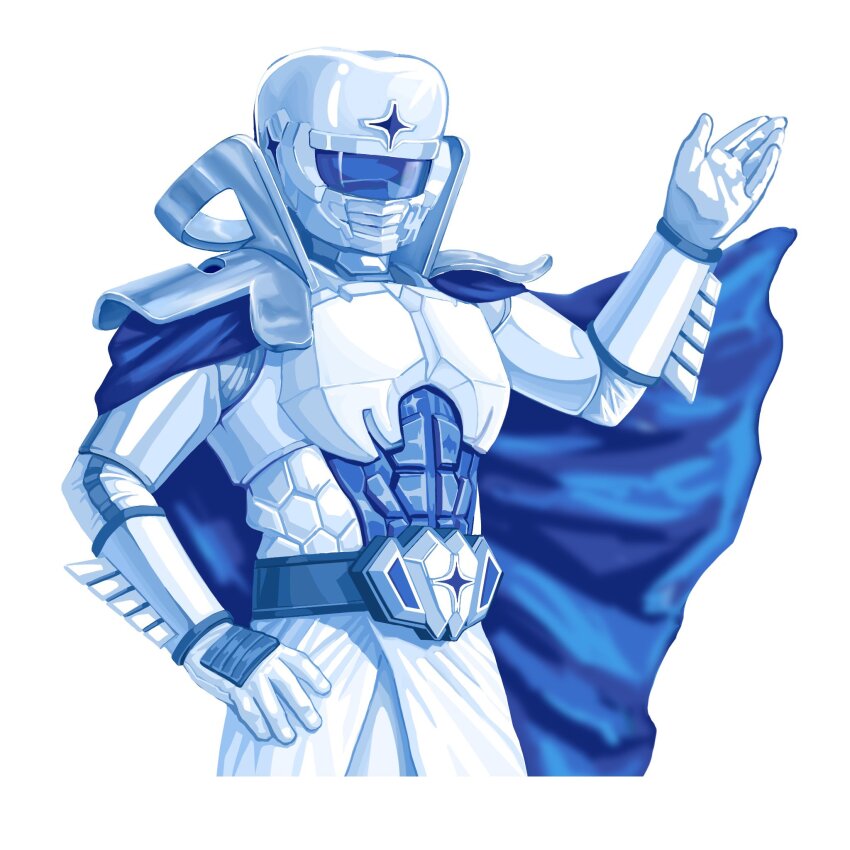 1boy, armor, belt, blue_theme, cape, cropped_legs, dentman, gloves, hand_on_own_hip, hand_up, hashtag-only_commentary, helmet, highres, jirvcq, koukuu_senshi_dentman, limited_palette, male_focus, simple_background, solo, white_background