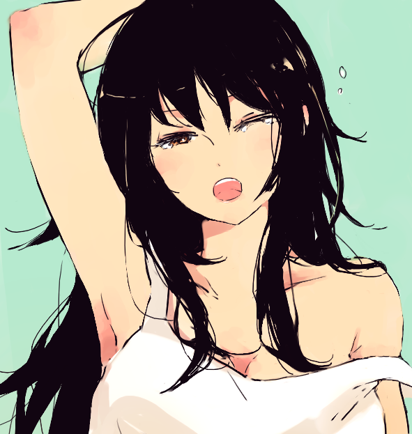 00s, 1girl, akota, armpits, black_hair, brown_eyes, female_focus, kitsu_tane, long_hair, messy_hair, one_eye_closed, open_mouth, sayonara_zetsubou_sensei, simple_background, sketch, solo, strap_slip, tank_top, tears, wink, yawning