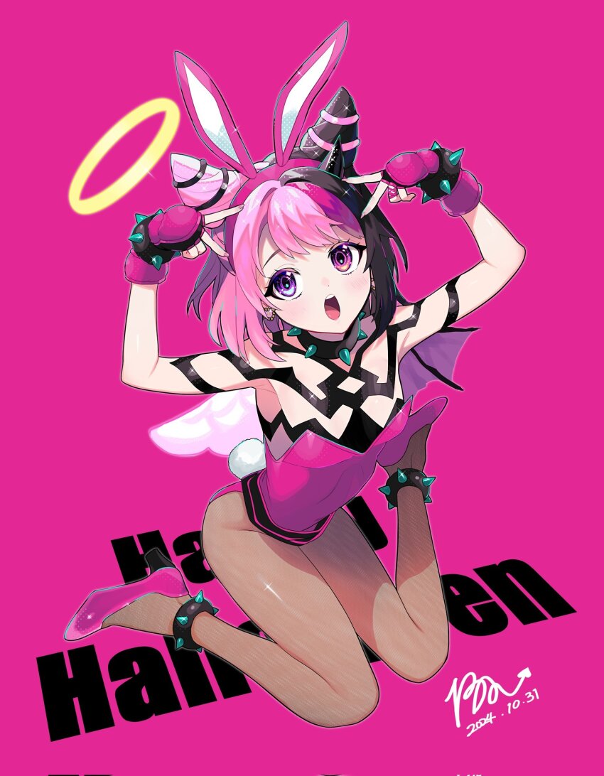 1girl, amaki_pururu, animal_ears, black_hair, black_horns, blush, collar, cosplay