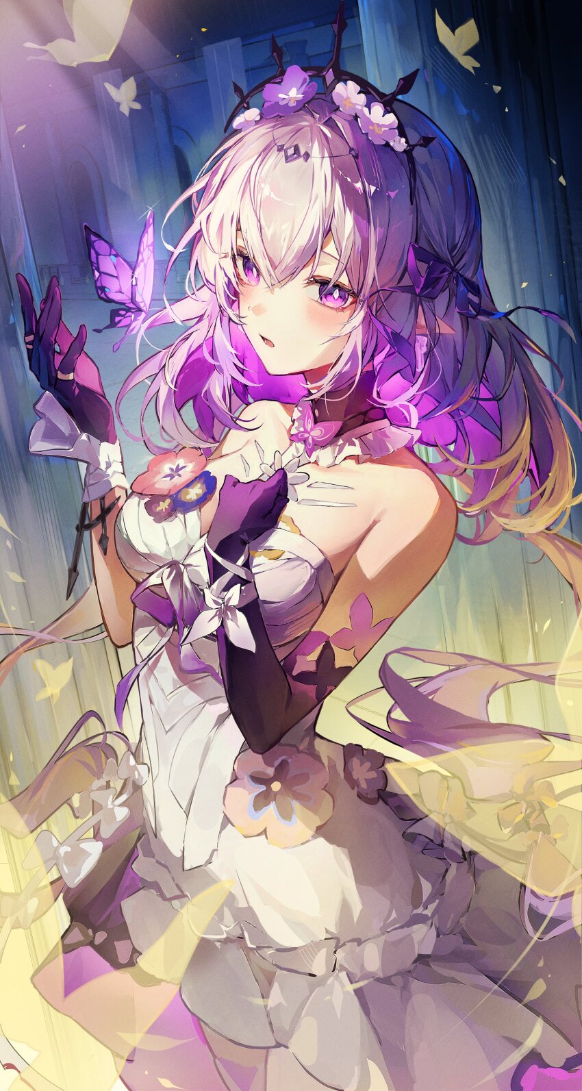 1girl, absurdres, asymmetrical_gloves, breasts, bug, butterfly, castorice_(honkai:_star_rail), commentary