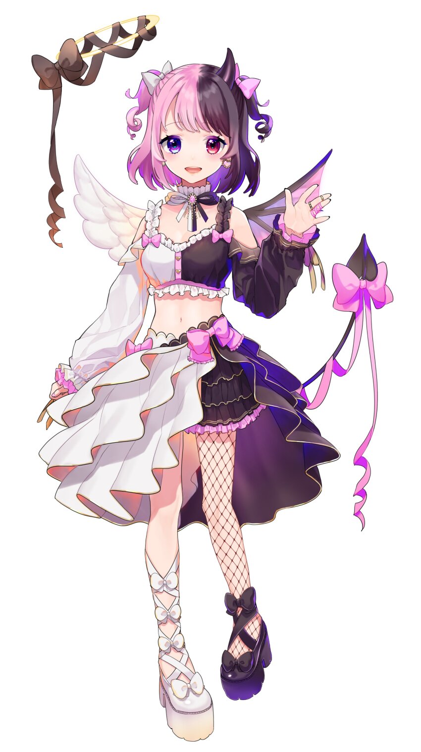 1girl, absurdres, amaki_pururu, asymmetrical_footwear, asymmetrical_wings, bat_wings, black_bow, black_footwear