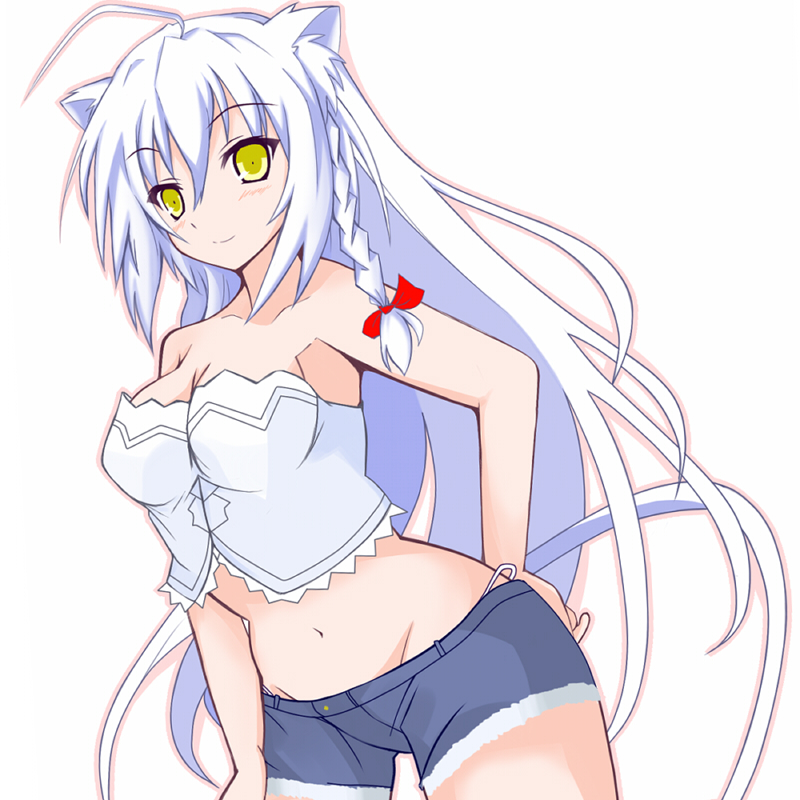 10s, 1girl, ahoge, animal_ears, bow, braid, breasts, cat_ears, cat_tail, cleavage, dog_days, female_focus, groin, hair_ribbon, leonmitchelli_galette_des_rois, long_hair, midriff, navel, ribbon, short_shorts, shorts, smile, solo, tail, takanashi_kou, twin_braids, very_long_hair, white_hair, yellow_eyes