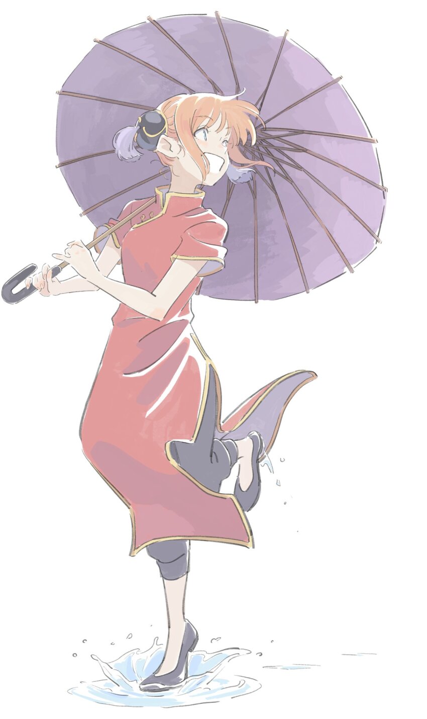 1girl, black_footwear, black_pants, china_dress, chinese_clothes, dangomochi2, dress, gintama