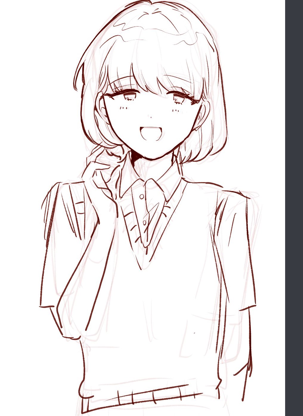 1girl, :d, arm_at_side, blush, bob_cut, collared_shirt, commentary, dos_i2525, dress_shirt, futsuu_no_keion-bu, genderswap, genderswap_(mtf), hand_up, highres, lineart, monochrome, open_mouth, school_uniform, shirt, short_hair, short_sleeves, simple_background, smile, solo, sweater_vest, takami_kouki, upper_body, white_background