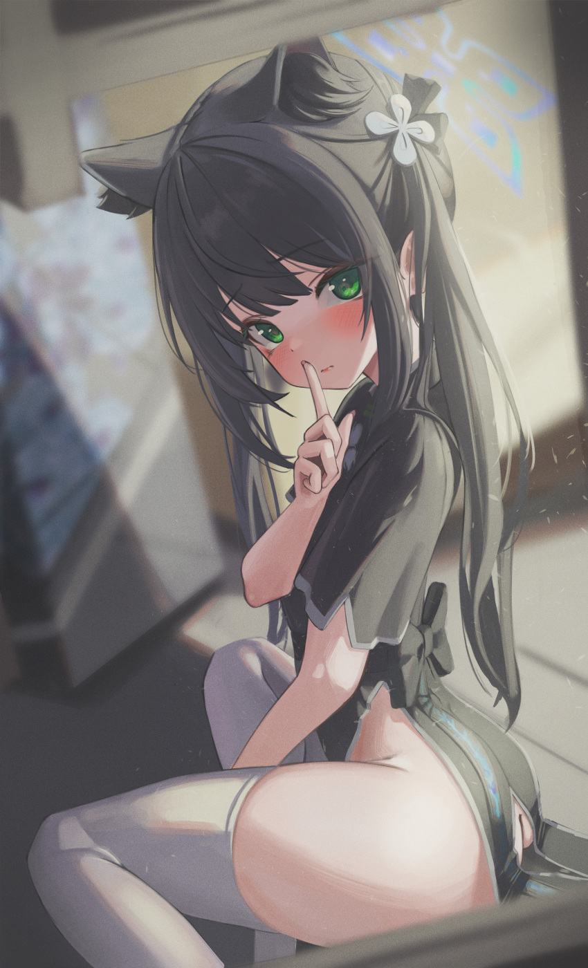 1girl, absurdres, aged_down, animal_ears, ass, banpen, black_dress, black_hair, blue_archive, blue_halo, blurry, blurry_background, blush, china_dress, chinese_clothes, closed_mouth, commentary_request, dress, embarrassed, green_eyes, halo, highres, index_finger_raised, loli, long_hair, looking_at_viewer, no_panties, pear-shaped_figure, short_sleeves, shun_(blue_archive), shun_(small)_(blue_archive), sitting, solo, thighhighs, thighs, twintails, white_thighhighs