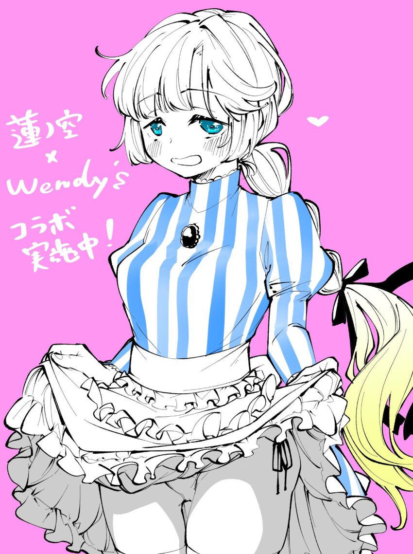 1girl, :d, anyoji_hime, apron, black_ribbon, blonde_hair, blue_dress, blue_eyes