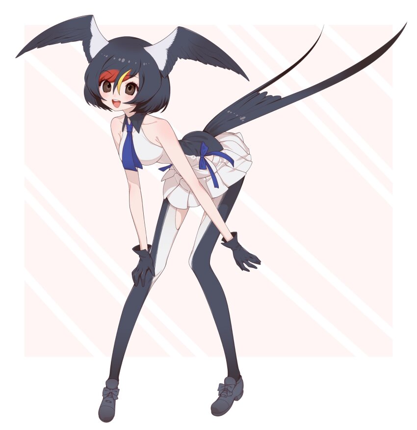 1girl, barn_swallow_(kemono_friends), bird_girl, bird_tail, bird_wings, black_hair, brown_eyes, feathered_wings, full_body, gloves, head_wings, highres, kemono_friends, looking_at_viewer, multicolored_hair, necktie, notora, pantyhose, ribbon, shirt, shoes, short_hair, simple_background, skirt, sleeveless, sleeveless_shirt, solo, tail, wings