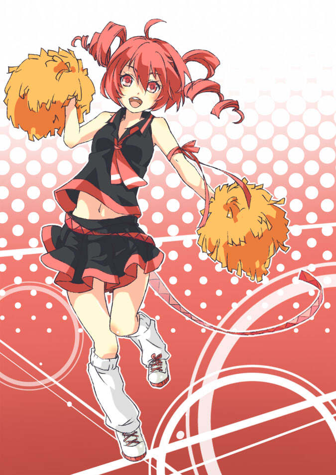 1girl, ahoge, bad_id, bad_piapro_id, cheerleader, drill_hair, female_focus, gor2, jpeg_artifacts, kasane_teto, kasane_teto_(utau), leg_warmers, loose_socks, navel, pom_pom_(cheerleading), red_eyes, red_hair, school_uniform, serafuku, shoes, skirt, smile, socks, solo, twin_drills, twintails, utau, vocaloid