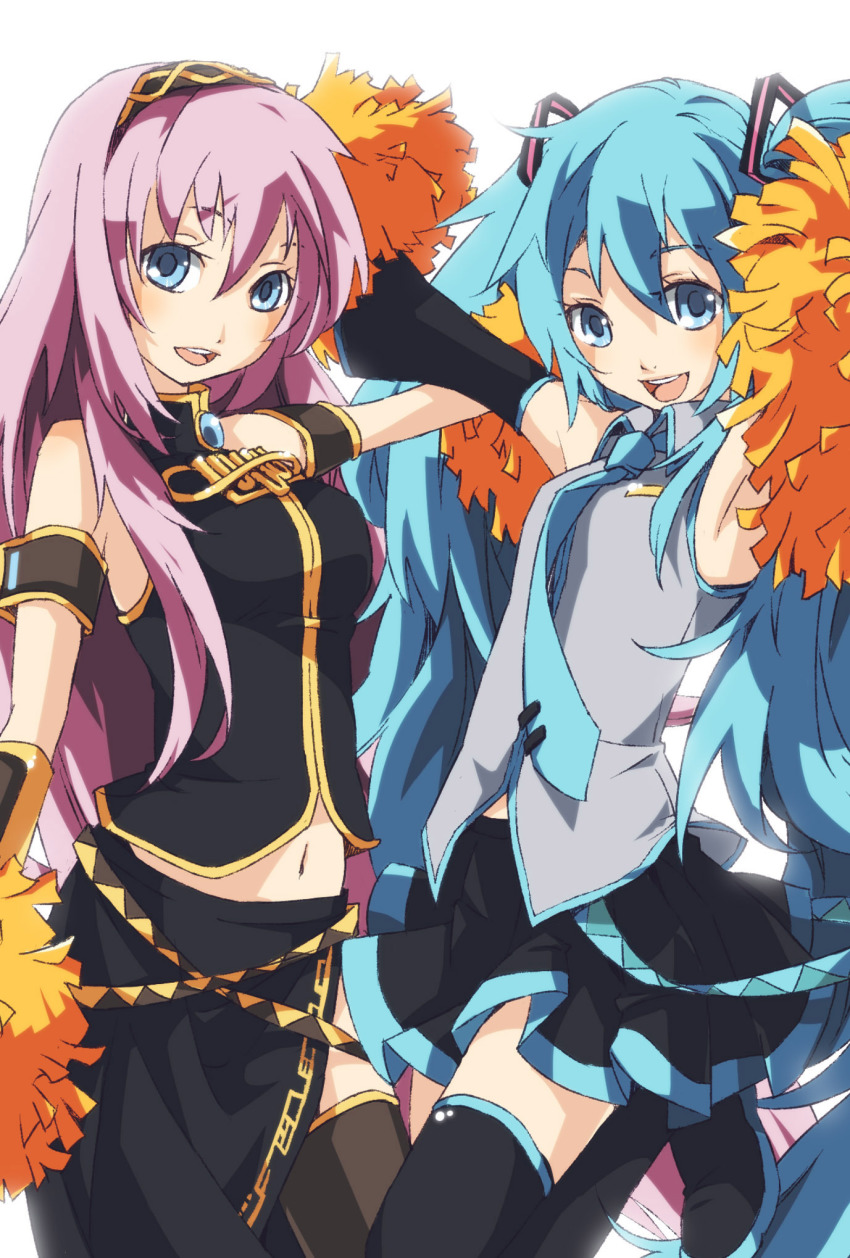 2girls, aqua_eyes, aqua_hair, bad_id, bad_piapro_id, cheerleader, gor2, hatsune_miku, highres, long_hair, megurine_luka, multiple_girls, navel, necktie, pink_hair, pom_pom_(cheerleading), skirt, smile, thighhighs, twintails, very_long_hair, vocaloid, zettai_ryouiki