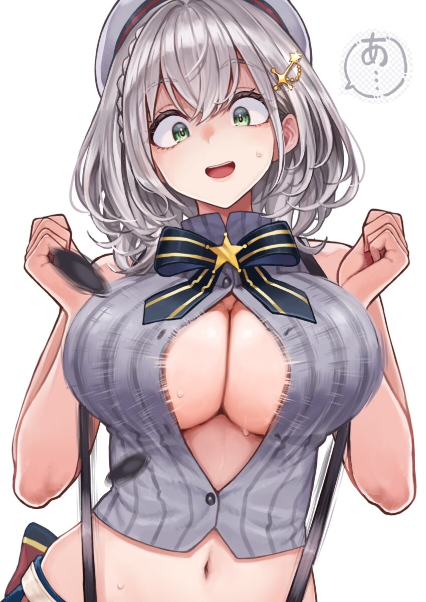1girl, @-you_(you_2023_8_16), beret, braid, breasts, cleavage, cosplay, flying_button, green_eyes, grey_hair, hair_ornament, hairclip, hat, highres, hololive, large_breasts, medium_hair, midriff, navel, oozora_subaru, oozora_subaru_(cosplay), oozora_subaru_(suspenders), popped_button, shirogane_noel, simple_background, solo, suspenders, sweatdrop, upper_body, virtual_youtuber, wardrobe_malfunction, white_background
