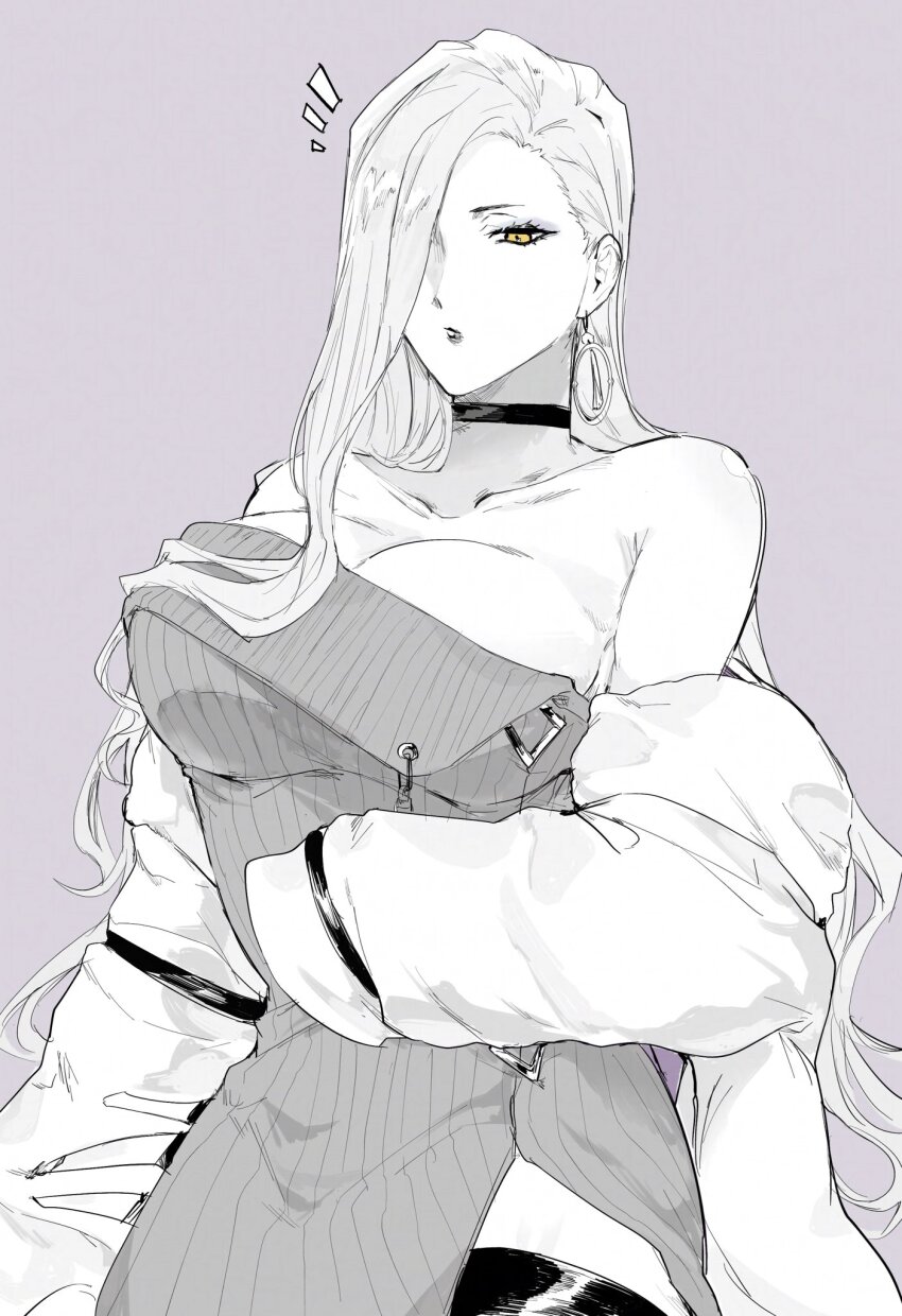 1girl, armpit_crease, breasts, choker, closed_mouth, collarbone, commentary_request, cowboy_shot, detached_sleeves, dress, earrings, eyeliner, fate/grand_order, fate_(series), hair_over_one_eye, highres, hoop_earrings, jewelry, k_ruc, large_breasts, lips, long_bangs, long_hair, makeup, notice_lines, hebi_nyoubou_(fate), one_eye_covered, partially_colored, purple_background, purple_eyeliner, side_slit, sleeves_past_fingers, sleeves_past_wrists, solo, strapless, strapless_dress, thighhighs, underbust, variant_set, yellow_eyes