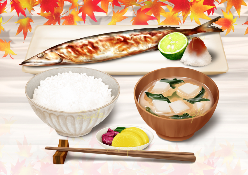 absurdres, autumn_leaves, bowl, chopstick_rest, chopsticks, fish, food, food_focus