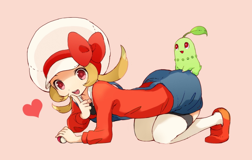 00s, 1girl, :d, all_fours, newsboy_cap, chikorita, finger_to_mouth, gen_2_pokemon