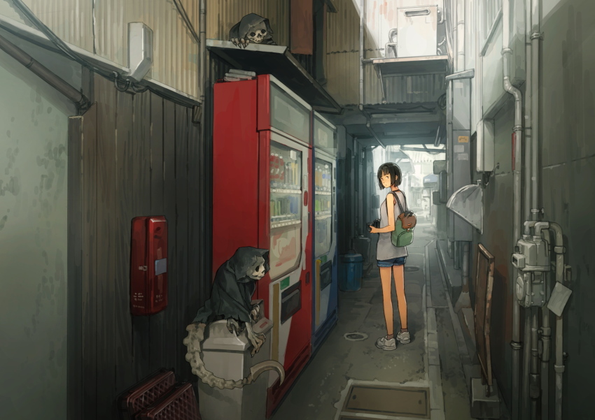 1girl, alley, animal_skeleton, backpack, bag, black_cloak, black_hair, blue_shorts