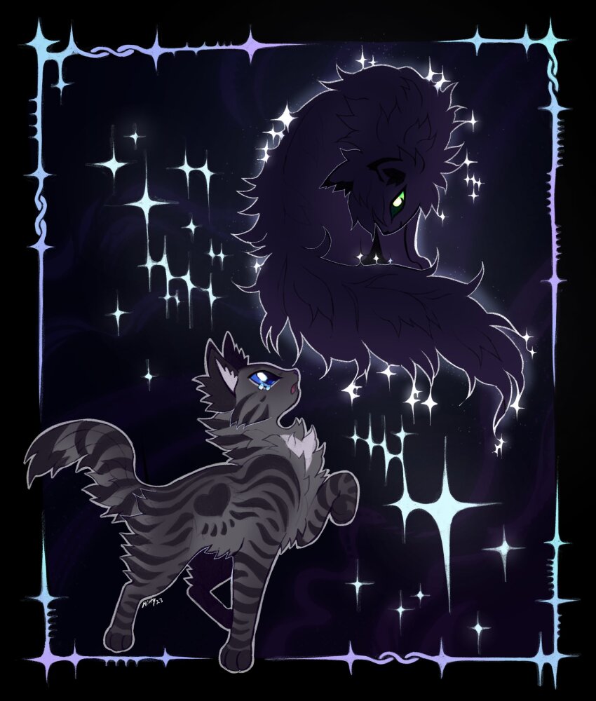 animal, animal_focus, black_cat, blue_eyes, cat, cinderheart, commentary, crying, english_commentary, green_eyes, grey_cat, heart, highres, hollyleaf, implied_death, kitty_(fernwhisker), no_humans, omen_of_the_stars, sparkle, star_(symbol), warrior_cats