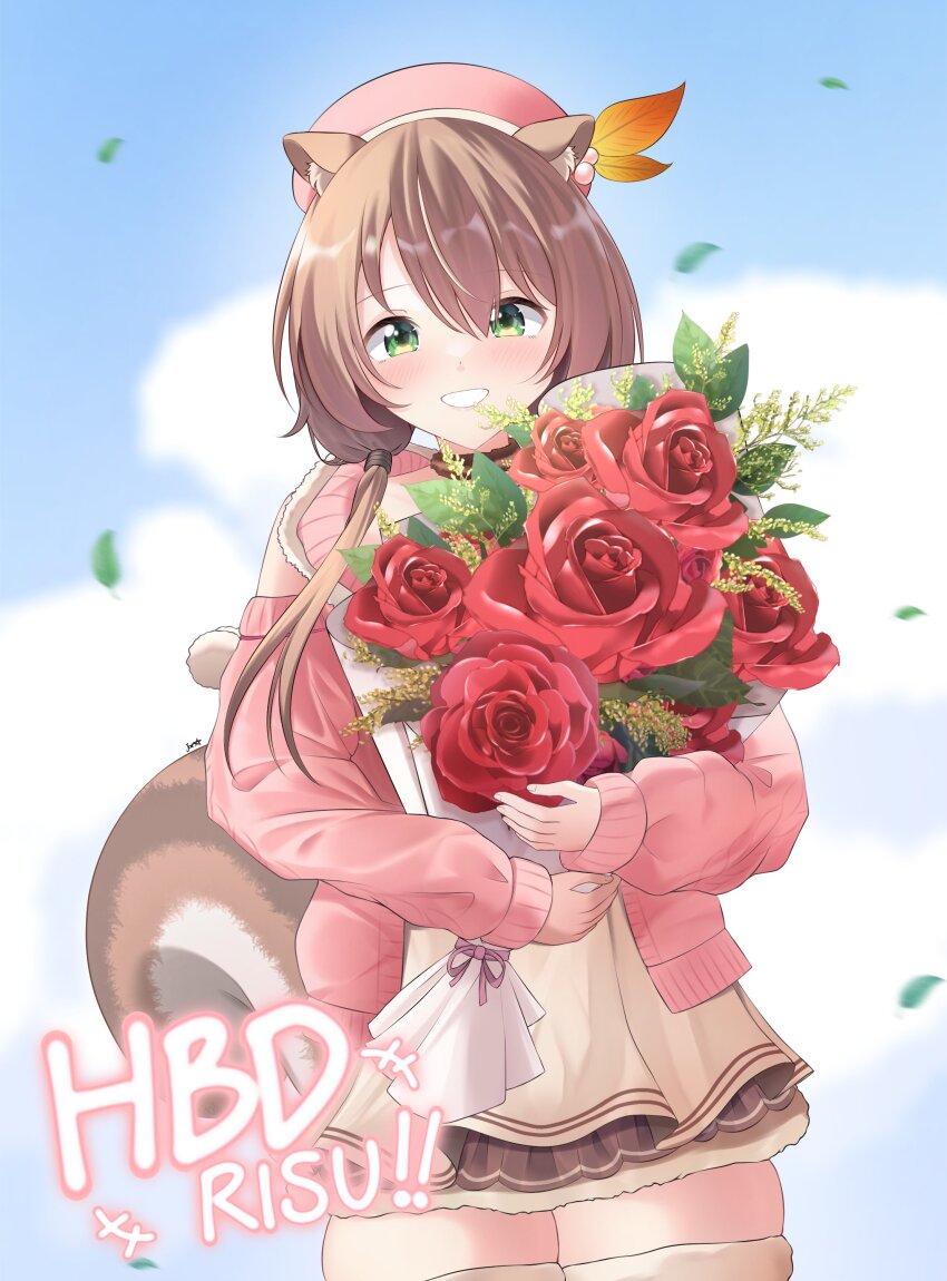1girl, absurdres, animal_ears, ayunda_risu, blush, bouquet, breasts, brown_hair