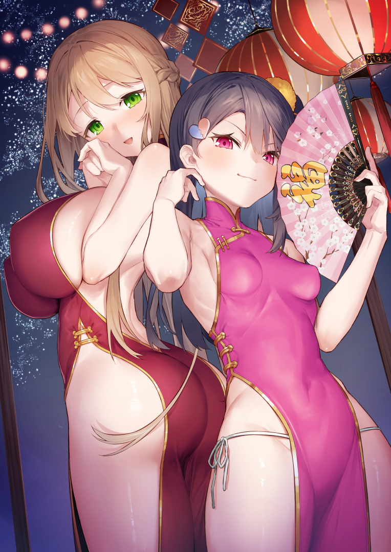 2girls, ass, backless_dress, backless_outfit, bare_arms, bare_shoulders, black_hair, breasts