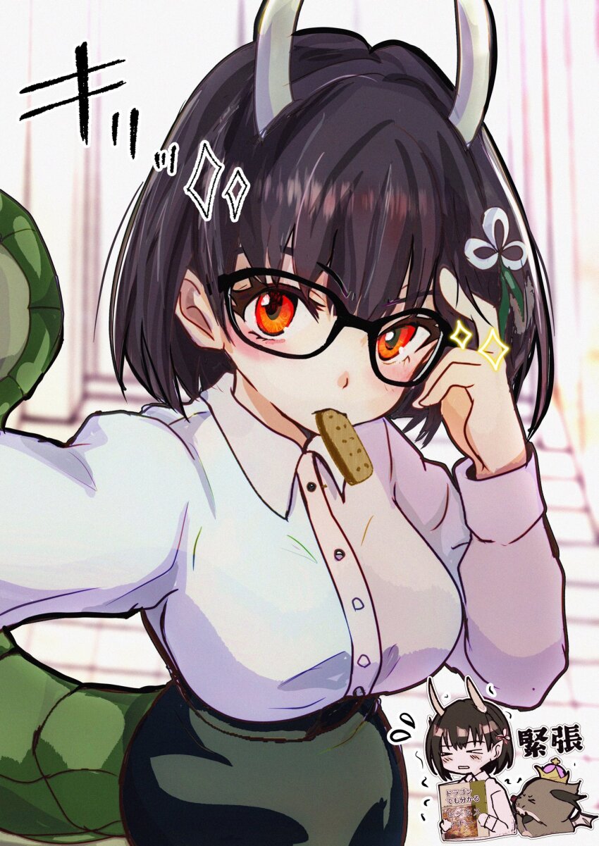 1girl, biscione_(fate), biscione_(first_ascension)_(fate), black_hair, blush, breasts, chibi, coccorope