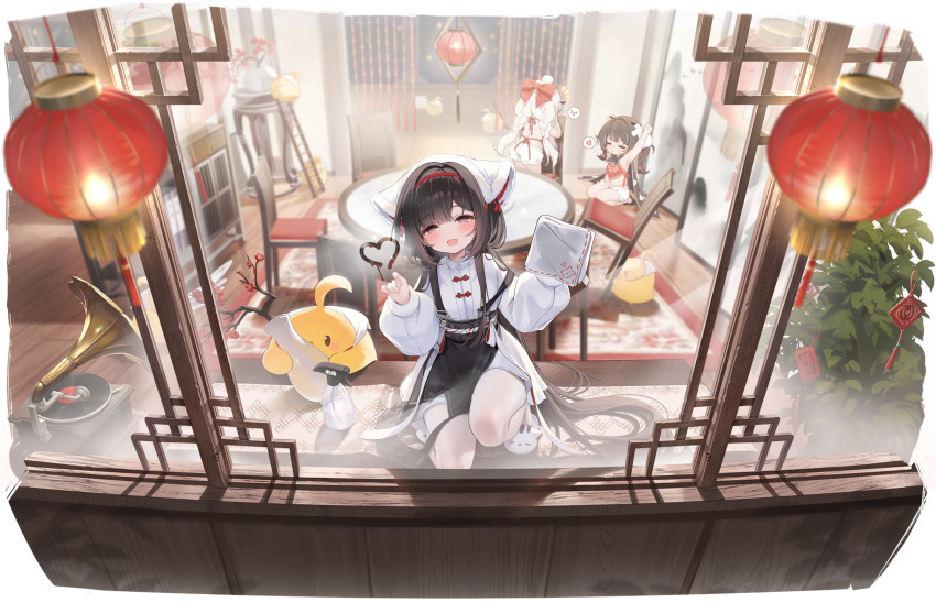 3girls, =_=, absurdly_long_hair, absurdres, against_glass, anger_vein, animal, apron