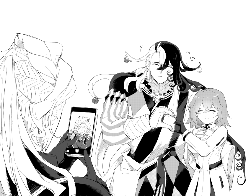 1girl, 2boys, absurdres, ahoge, alessandro_di_cagliostro_(fate), ashiya_douman_(fate), bell, cellphone