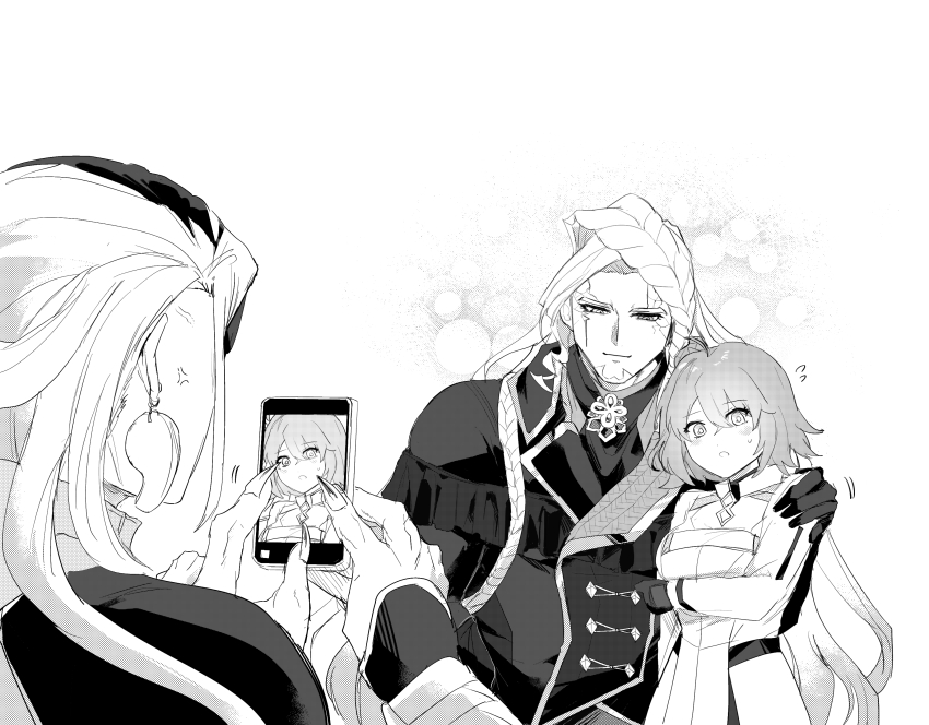 1girl, 2boys, absurdres, ahoge, alessandro_di_cagliostro_(fate), anger_vein, arm_around_shoulder, ashiya_douman_(fate)