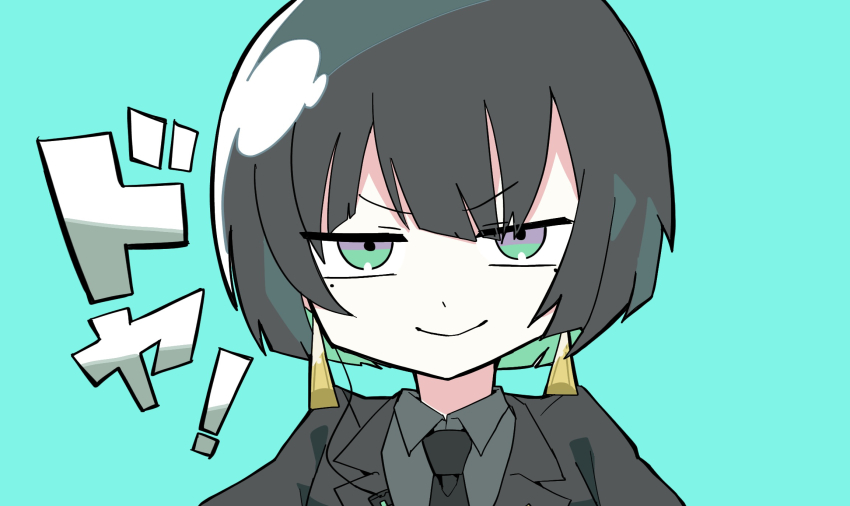 1girl, allmind_(armored_core_vi), aqua_background, armored_core, armored_core_vi:_fires_of_rubicon, black_jacket, black_necktie, black_suit