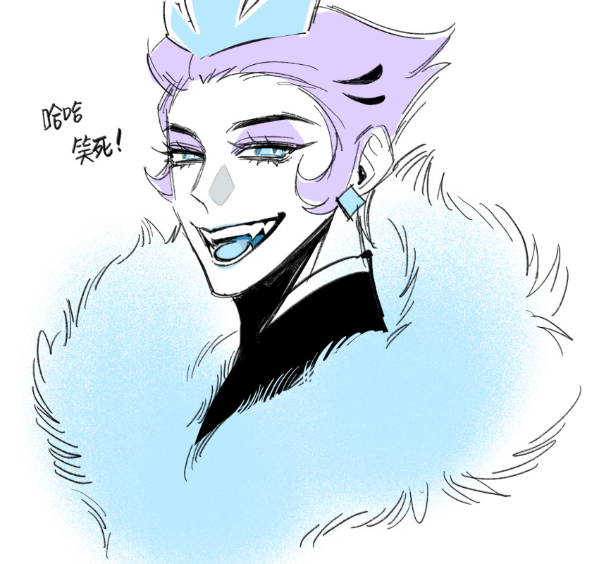 1boy, andrealphus_(helluva_boss), blue_eyes, blue_hair, crown, demon_boy, earrings, hellaverse, helluva_boss, highres, humanization, jewelry, looking_at_viewer, rec-ultramarine, solo