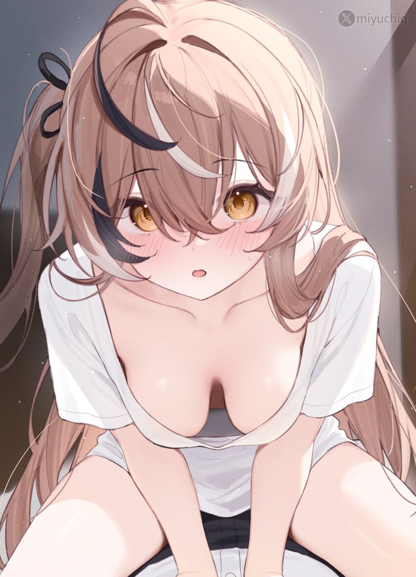 1girl, 1other, black_ribbon, blush, breasts, breasts_apart, brown_eyes, brown_hair